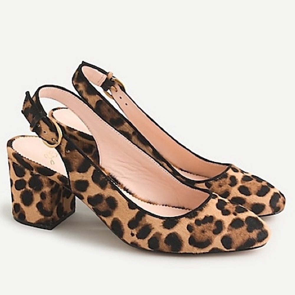 J.Crew Slingback Block Heel Pump Leopard Calf Hair Leather Rich Mohagany 7.5‎